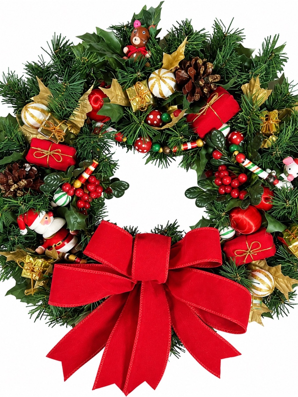 Vintage 16” Christmas Wreath Wood Beads Santa Bear Mouse Velvet Bow Gold & Red